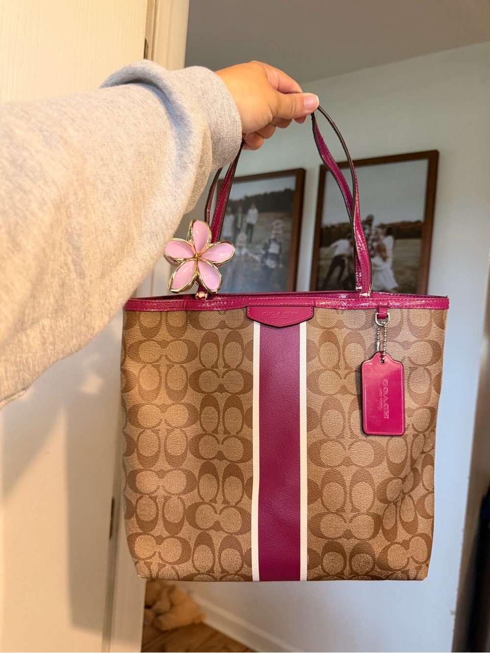 Coach Brown Signature Canvas Tote with Pink Trim and Stripe